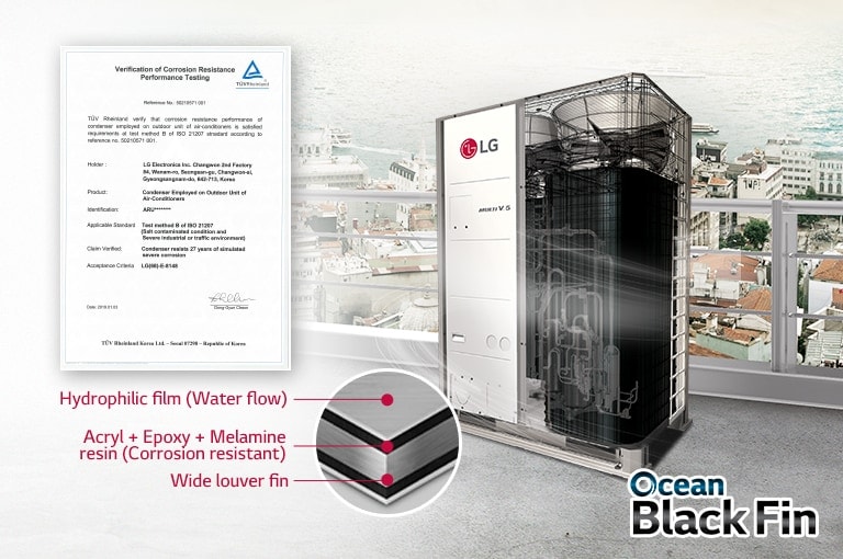 LG 'Ocean Black Fin' heat exchanger shown in a coastal setting, highlighting its corrosion-resistant features.